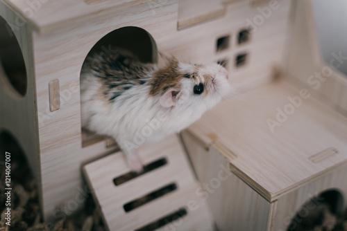 Funny white little Roborovski dwarf hamster in the cage