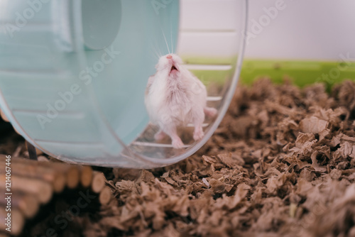 Funny white little Roborovski dwarf hamster in the cage