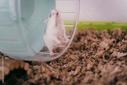 Funny white little Roborovski dwarf hamster in the cage