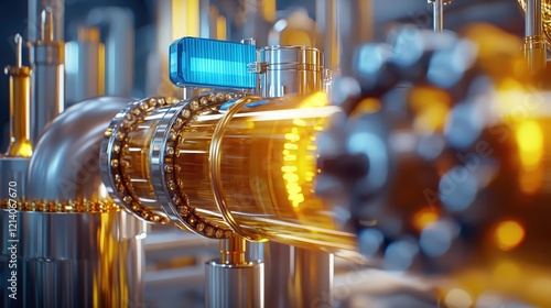 Industrial pipes with golden fluid and blue sensor in a complex system with blurred background photo