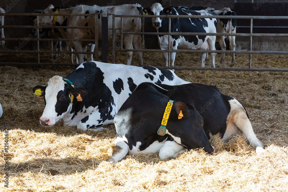 Cow with ear tag standing in barn chewing hay