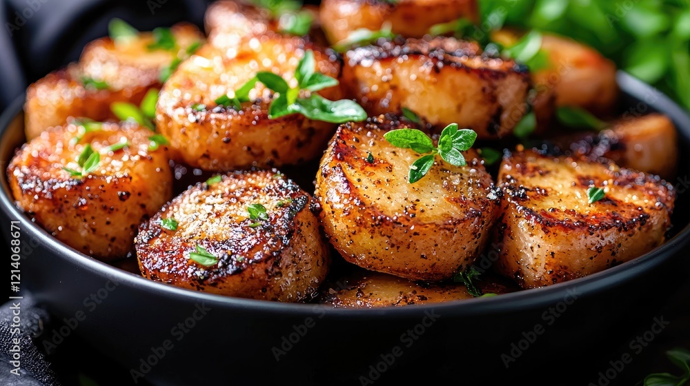 Roasted potatoes, herbs, dark bowl, close-up, food photography, recipe Roasted potatoes, herbs, dark bowl, close-up, food photography, recipe