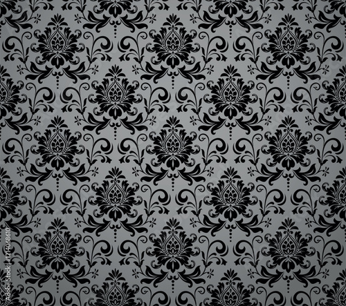 Wallpaper in the style of Baroque. Seamless vector background. Gray and black floral ornament. Graphic pattern for fabric, wallpaper, packaging. Ornate Damask flower ornament
