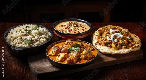 A vibrant display of Indian dishes on a dark wooden background, s photo