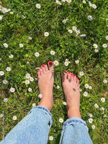 Female feet with red nail polish on green grass with daisies