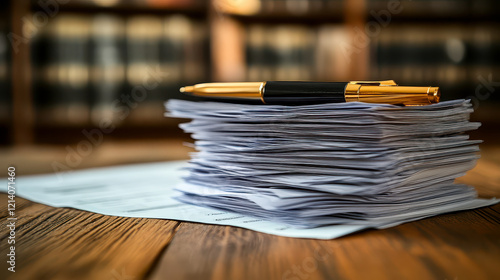 Stacks of documents with a golden pen resting on top in a warmly lit library setting photo