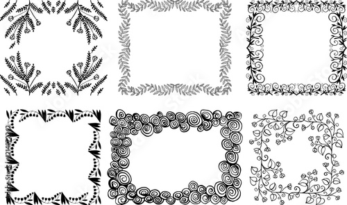 Frames for decoration. Premium decoration. Ticket design. Design template. Doodle photo frames, cute hand drawn painting frame. Sketch picture framing borders with decorative elements vector set.