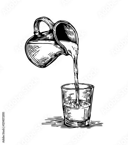 water jug pour glass engraving black and white outline