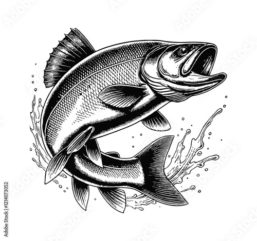 fish jumping out of water engraving black and white outline