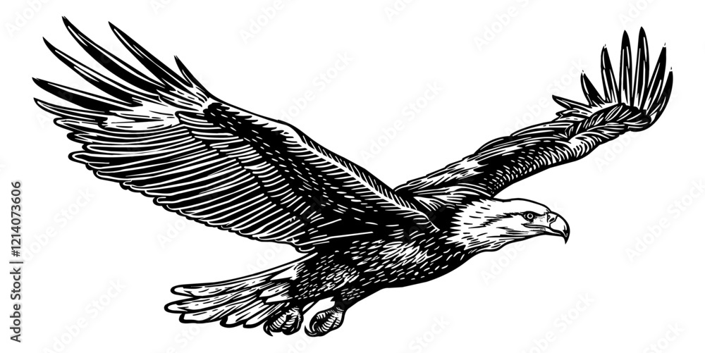 Fototapeta premium bald eagle fly engraving black and white outline