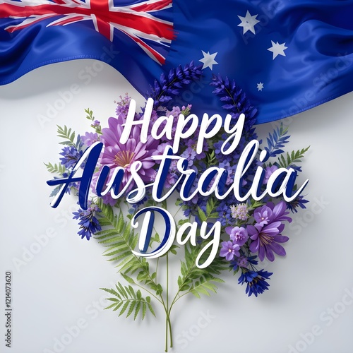 Happy Australia Day Celebration with Australian Flag, Purple Floral Decorations, and Tropical Greenery on a Vibrant Purple Background