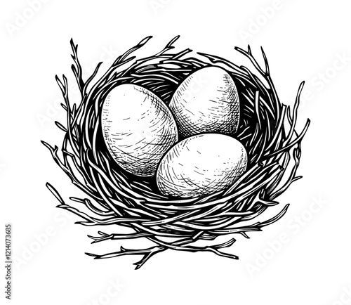egg nest bird engraving black and white outline