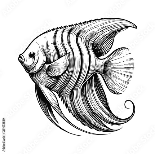 angelfish engraving black and white outline