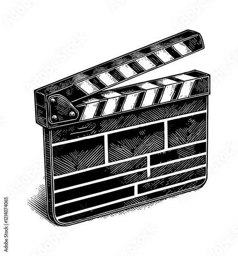 movie clapperboard engraving black and white outline
