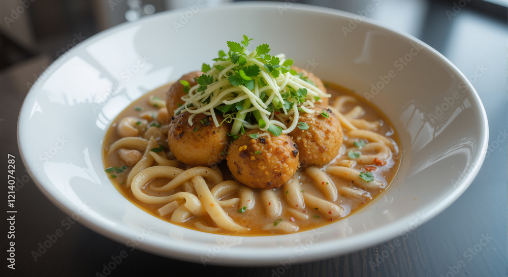 meatball noodles with vegetable topping meatball noodles with vegetable topping