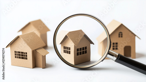 A magnifying glass over tiny cardboard houses, symbolizing the symbolizing the residential real estate market meticulous selection process for home buying and properti. photo