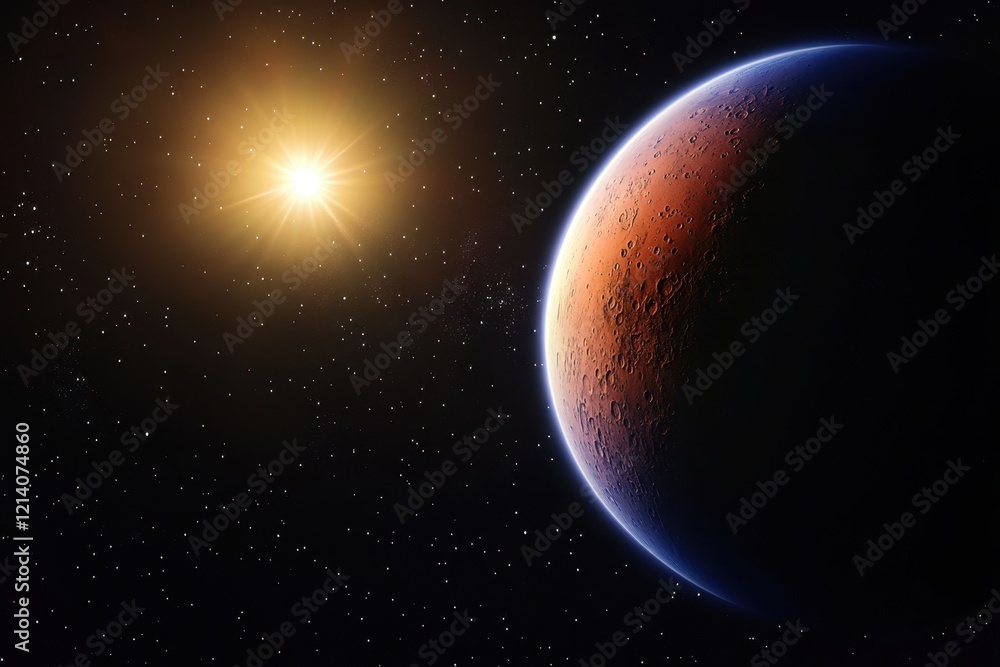 Obraz premium Mars sunrise, space, cosmic, starfield, planet, exploration, science fiction, background