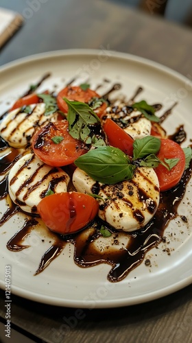 A fresh Caprese salad with ripe tomatoes, mozzarella, and basil leaves drizzled with balsamic glaze, styled on a clean white plate.