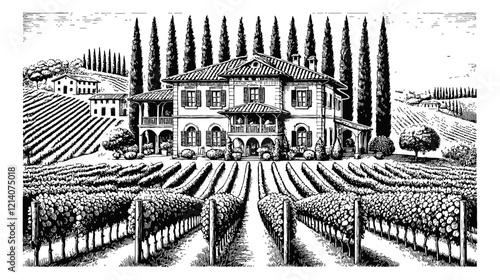 Mediterranean villa surrounded by lush vineyards and tall cypress trees engraving black and white outline