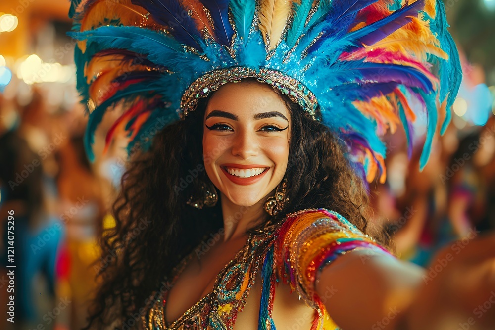 Woman in colorful costume smiles, points Woman in colorful costume smiles, points