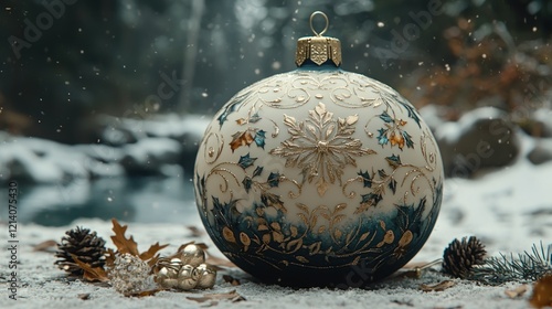Ornate Christmas Bauble in a Snowy Winter Forest Scene