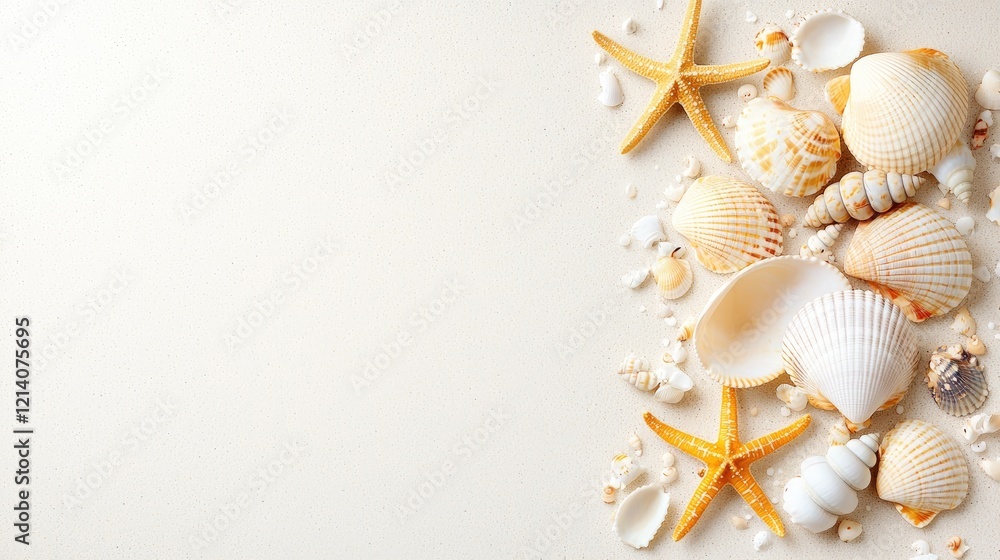 Seashells and starfish on beach sand; summer vacation background Seashells and starfish on beach sand; summer vacation background