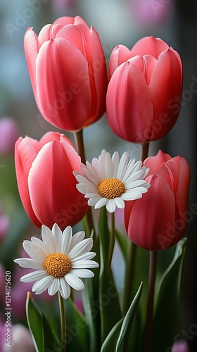 Pink tulips and daisies close-up.