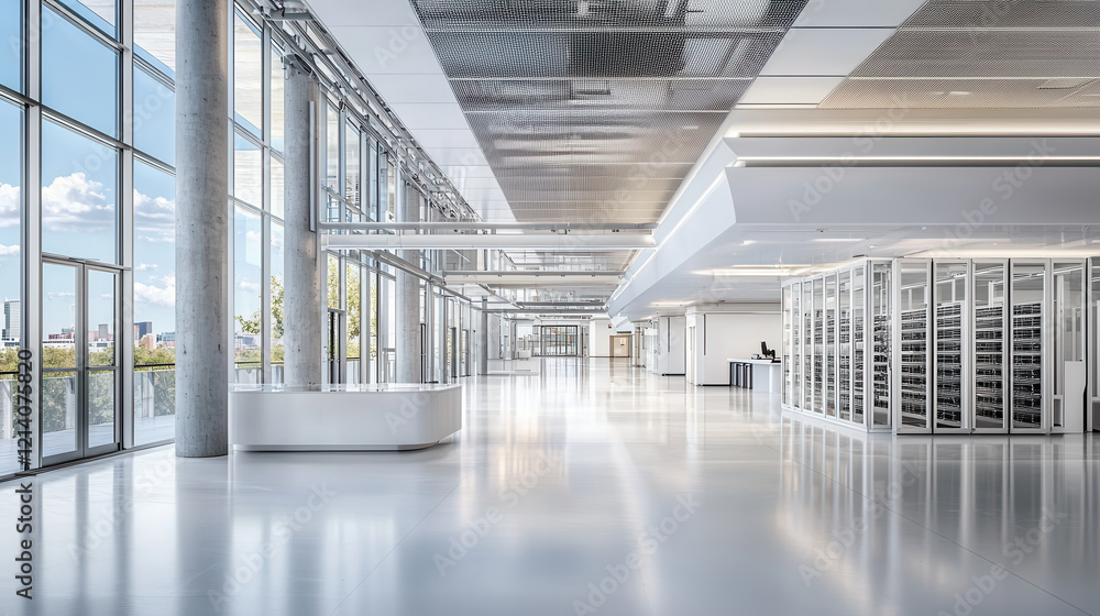 Modern data center interior with large windows and sleek design Modern data center interior with large windows and sleek design