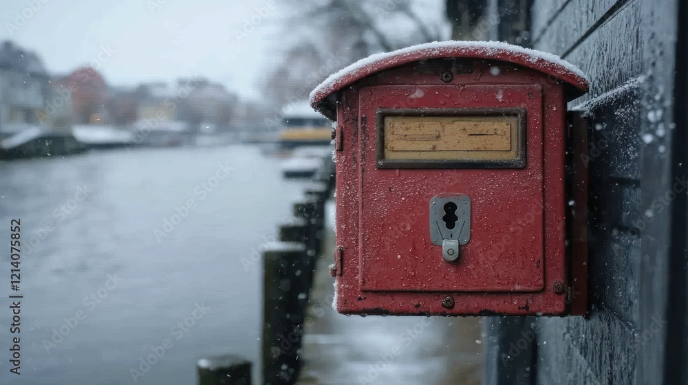 Snow-covered fire alarm, canal, winter city Snow-covered fire alarm, canal, winter city