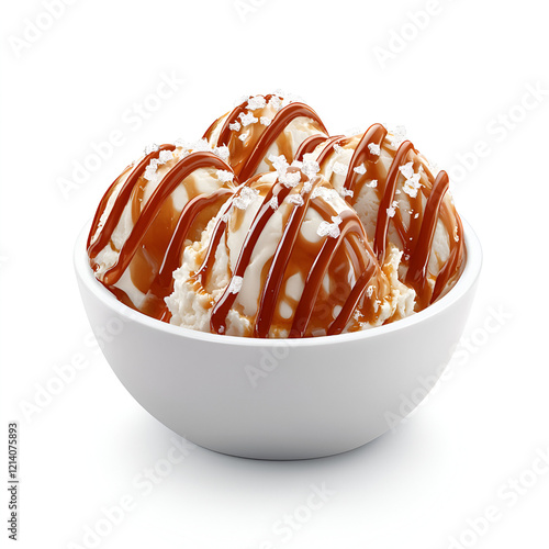 Creamy vanilla ice cream scoops drizzled with caramel sauce and sprinkled with sea salt, served in a white bowl.
