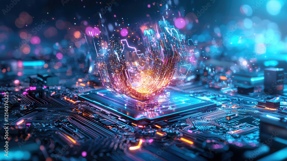 Futuristic digital circuit with vibrant energy bursts and glowing elements, showcasing advanced technology and innovation Futuristic digital circuit with vibrant energy bursts and glowing elements, showcasing advanced technology and innovation