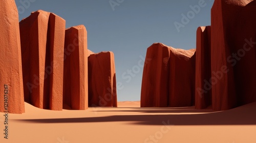 a desert scene with tall red rocks photo