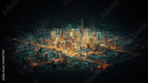 futuristic cityscape illuminated by glowing lights, showcasing advanced technology and smart grid systems