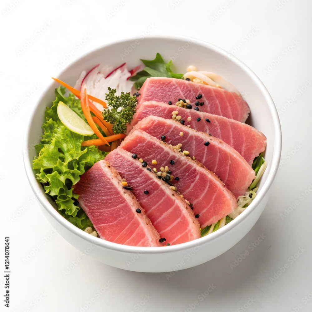 Bowl of Freshly Sliced Seared Tuna with Green Salad and Avocado on a White Background Bowl of Freshly Sliced Seared Tuna with Green Salad and Avocado on a White Background