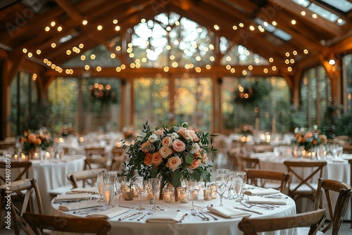 Coziness and style. Modern event design with a focus on table setting for wedding receptions. Featuring floral compositions adorned with beautiful flowers and greenery, along with candles, neatly