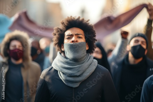 Protesters marching on the street for human rights, one activist covering his mouth with a scarf photo