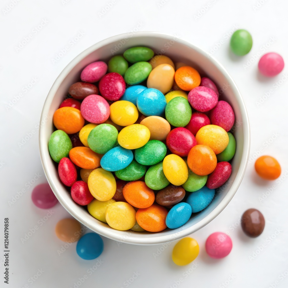 Top View of Colorful Candy in a Bowl on a White Background Top View of Colorful Candy in a Bowl on a White Background