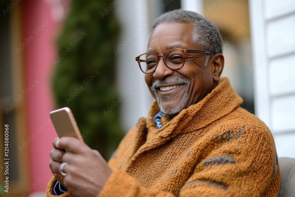 Obraz premium Happy Black elderly gentleman in casual knitwear enjoying a conversation on his phone