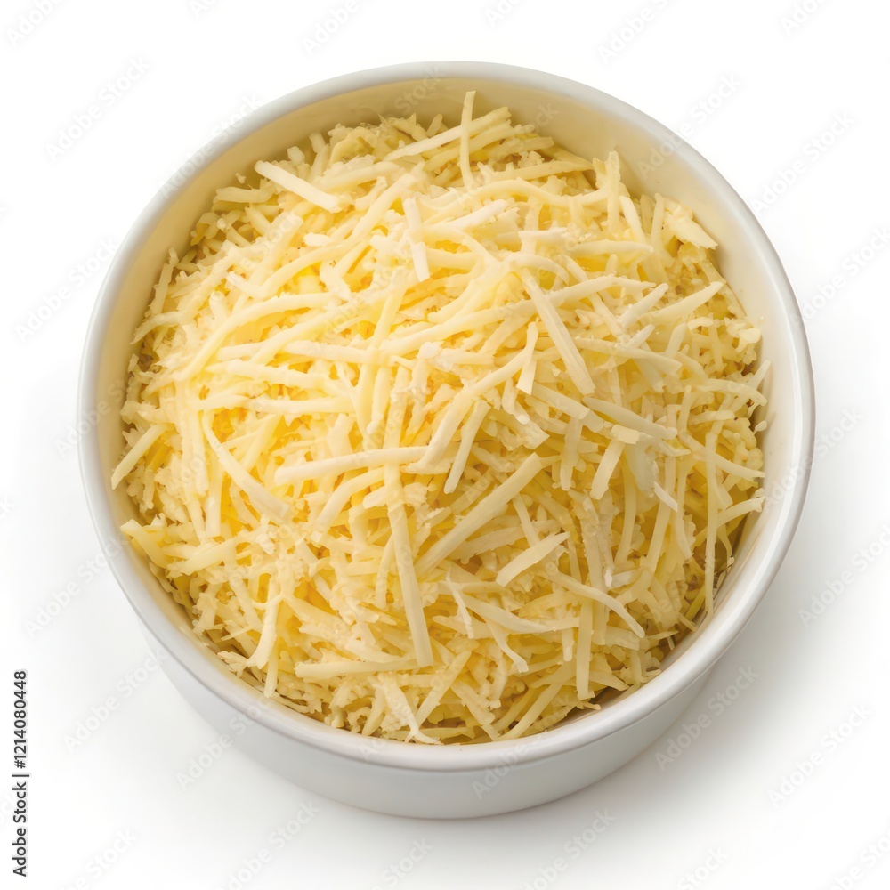 Top View of Grated Cheese in a Bowl on a White Background Top View of Grated Cheese in a Bowl on a White Background