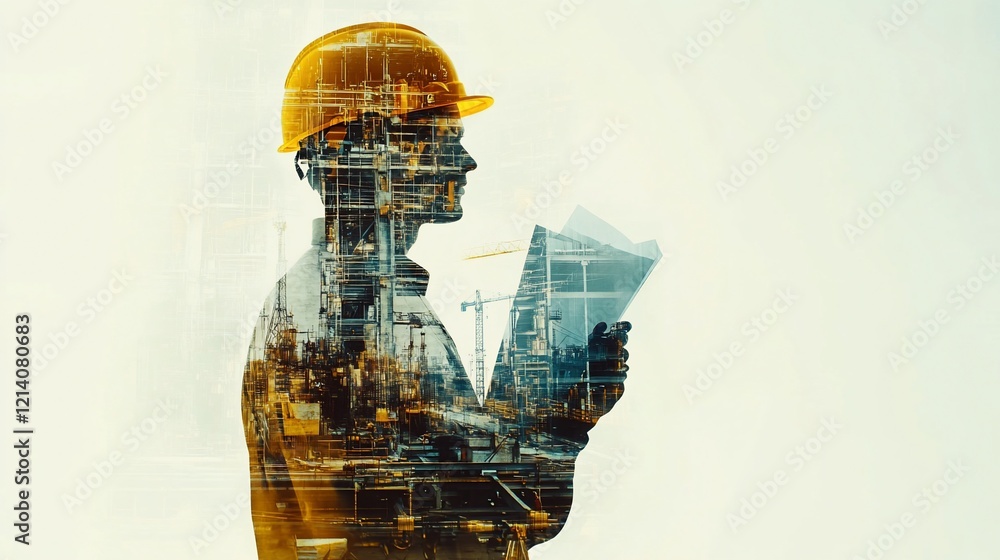 Engineer reviewing blueprints, double exposure with industrial background. Engineer reviewing blueprints, double exposure with industrial background.