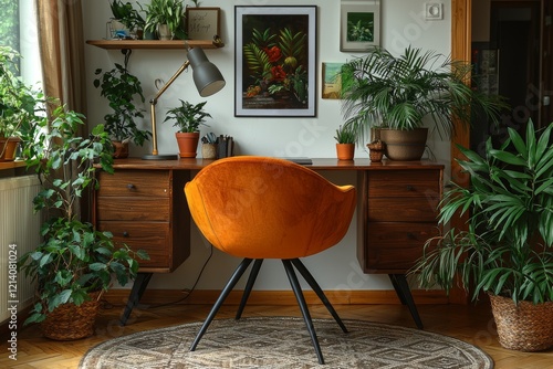 A beautifully composed living room with a retro vibe, incorporating a mock-up poster frame, vintage orange chair, piano, furniture, design lamps, a gold shelf, and plants, finished with elegant