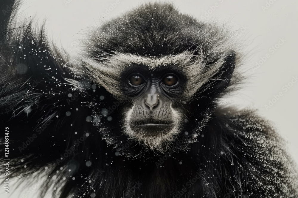 Fototapeta premium Black crested gibbon with snowflakes on its fur is staring intently