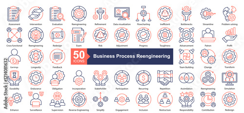 Business Process Reengineering Icon Collection Set.Containing Assessment, Intervention, Evaluation, Reengineering, Refinement, Data visualization, icon. Simple dual tone style Vector Illustration.	
