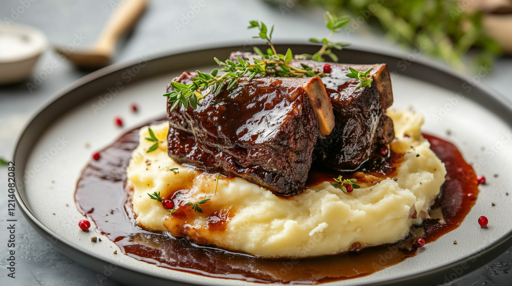 Braised short ribs served on creamy mashed potatoes with rich red wine reduction Braised short ribs served on creamy mashed potatoes with rich red wine reduction