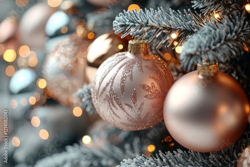 Seasonal Baubels presented on a Premium Pastel Pink and Gold Christmas Background photo