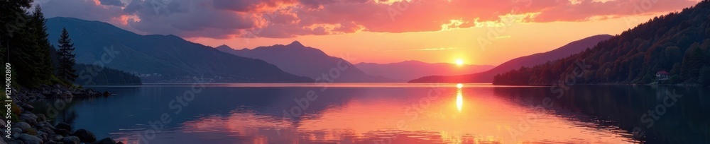 Fototapeta premium Sunset over lake water with surrounding mountains and trees, beautiful landscape, serene landscape,