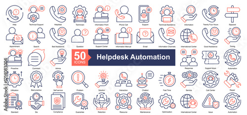 Helpdesk Automation Icon Collection Set.Containing Help, Technical Support, Helpdesk, Technician, Information Point, Phone Call, Support icon. Simple dual tone style Vector Illustration.	
