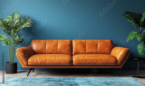 A modern home or apartment living room featuring a dark blue wall background paired with a leather couch adorned with pillows for decor