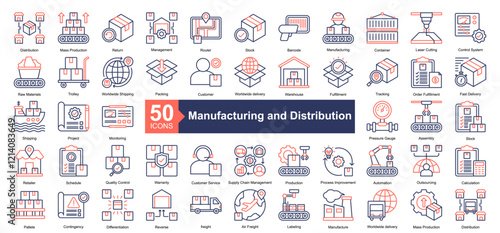 Manufacturing and Distribution Icon Collection Set.Containing Distribution, Mass Production, Return, Management, Router, Stock, Barcode icon. Simple dual tone style Vector Illustration.	