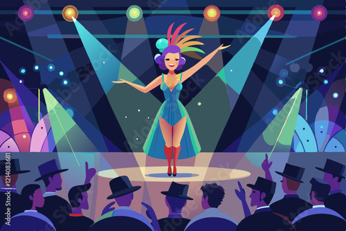 Entertaining audience with a dazzling act, a performer showcases skills under colorful lights in a cabaret, Customizable semi-flat illustration for cabaret
